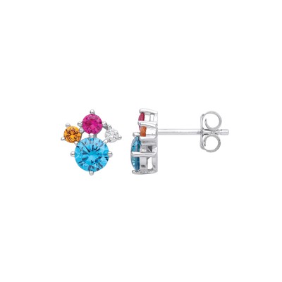 Silver Jewelco London Swiss Blue Pink Amber CZ CMY Primary Colour Stud Earrings