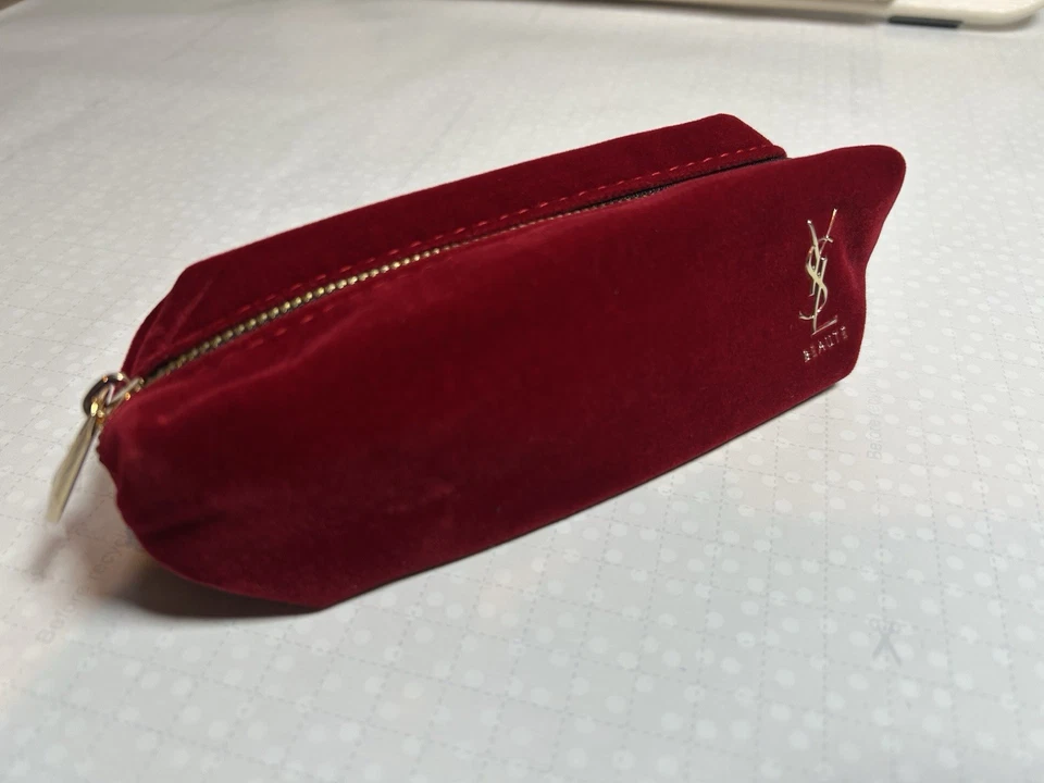 YVES SAINT LAURENT YSL Burgundy Velvet Zip Pouch-Elegant Mini Bag Brand New with Tags