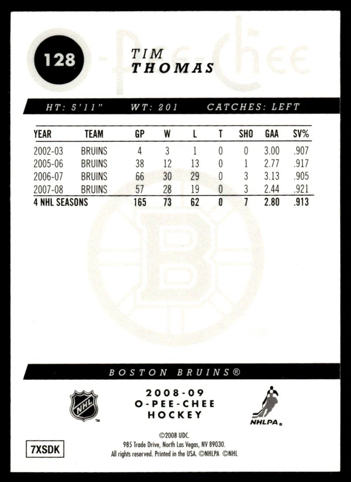 2008-09 O-Pee-Chee Gold Tim Thomas Boston Bruins #128 - Image 2 of 2