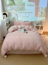 King  Milk Velvet Duvet Cover Set 4-Piece Soft Pink Pom Pom Anti-Static Zipper