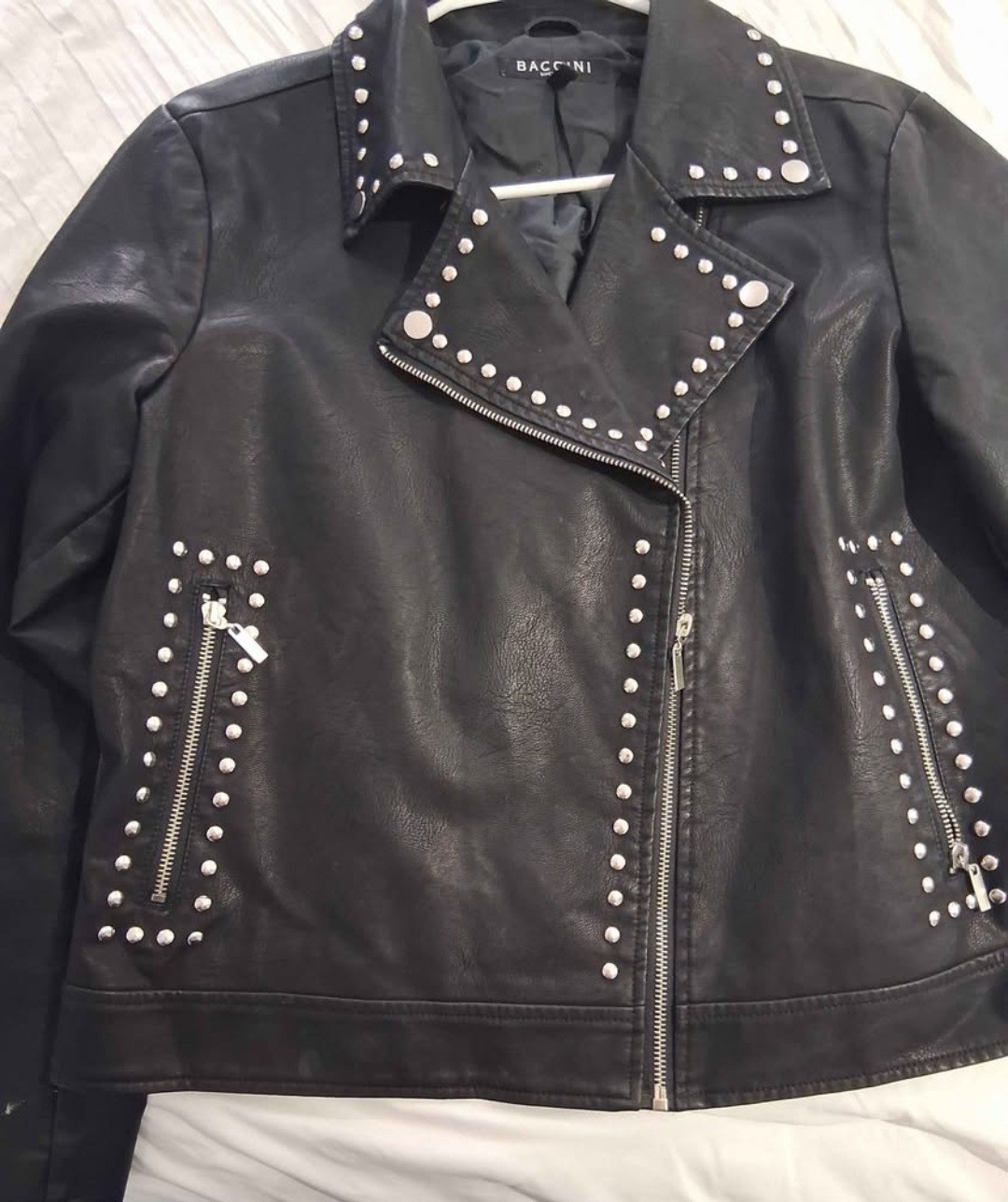 Baccini Women's Studded Moto Biker Jacket Black Lined Zip Pockets Size L