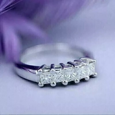 2Ct Princess Moissanite Five Stone Eternity Wedding Band 14k White Gold Plated