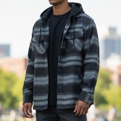 Quiksilver Men's Striped Hooded Flannel Lined Shirt Jacket Size M Warm Cozy