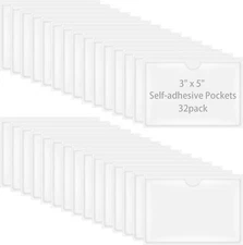 32 Pack Self-Adhesive Index Card Pockets for 3 X 5 Card Clear Plastic Labels