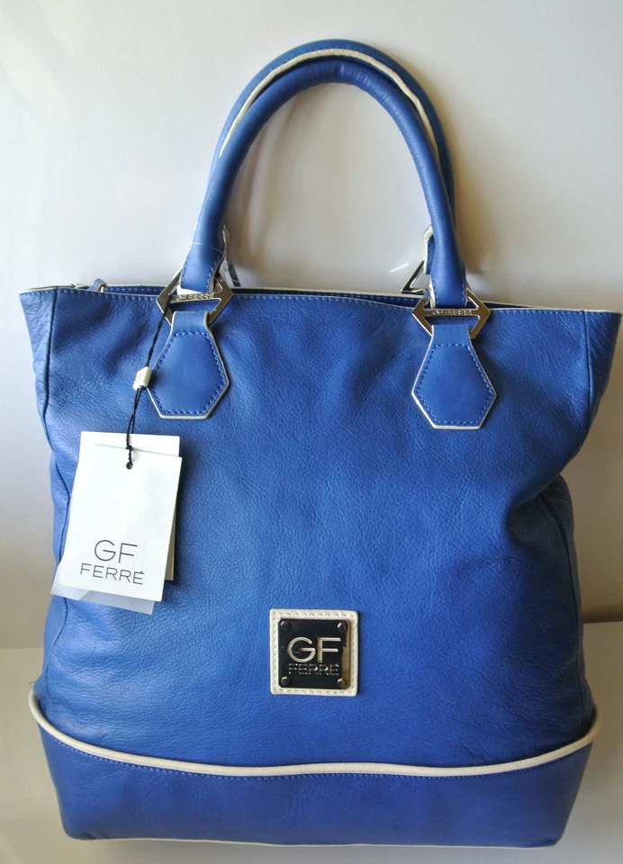 Bolso de Mano GF Ferre de Cuero con Bandolera, Azul/Beige NUEVO Foto 2 de 4