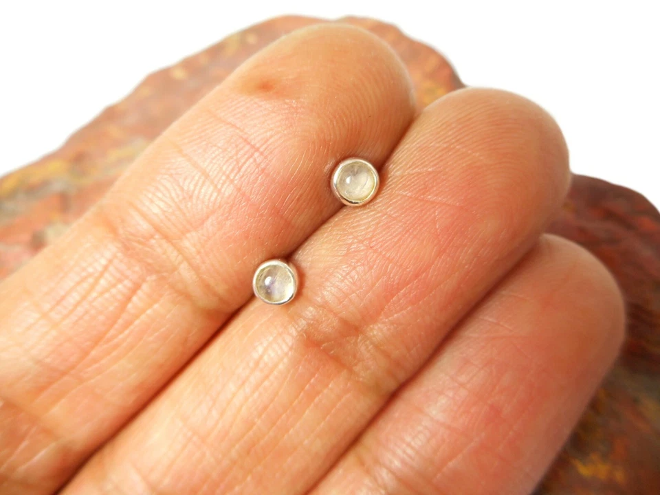 Small  Round MOONSTONE  Sterling  Silver  925 Gemstone  Stud  Earrings - 3 mm - Image 4 of 4