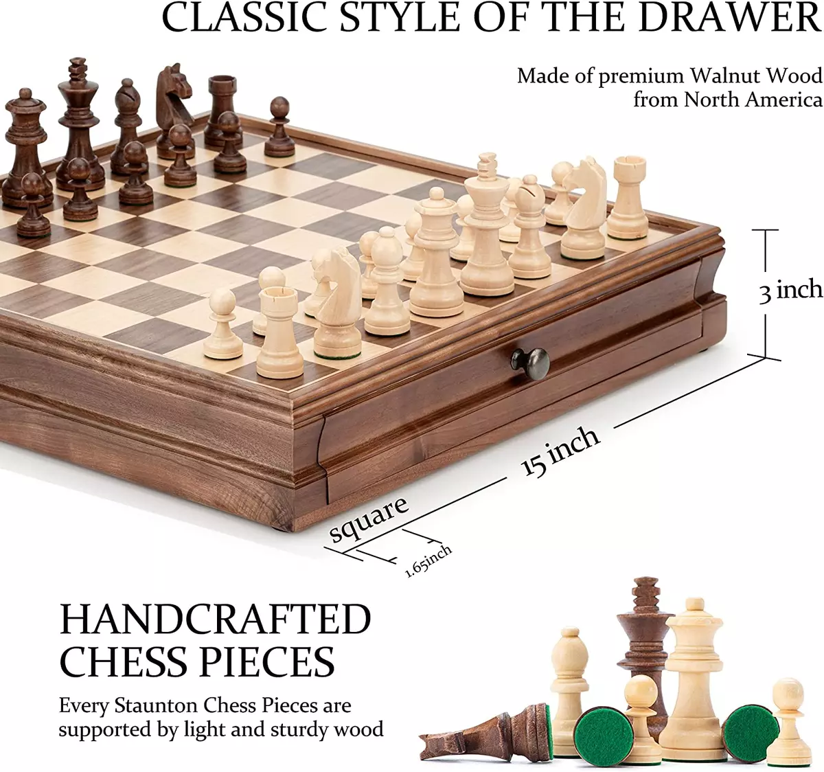  15 Inch Wooden Chess and Checkers Set 2 in 1 Checkers