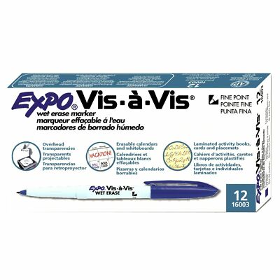 16003 Expo Vis-A-Vis Transparency Wet Erase Marker, Fine Tip, Blue Ink, 12 Each