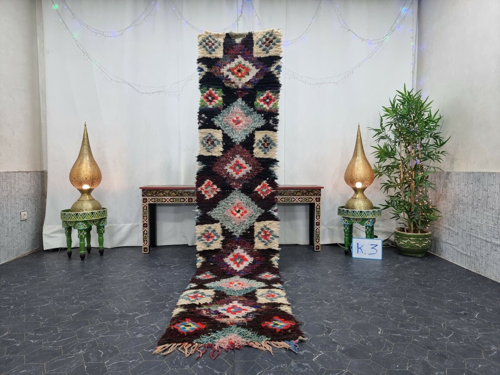 Moroccan Handmade Vintage Runner 2'x10' Berber Geometric Black Carpet 