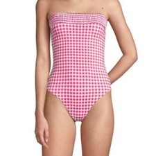 Draper James X Lands End Gingham Smocked Strapless One-Piece Swimsuit sz 14 Pink
