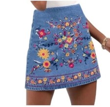 Harper Heritage Y2K Denim Skirt Embroidered Floral Side Zip Boho Hippie Sz Large
