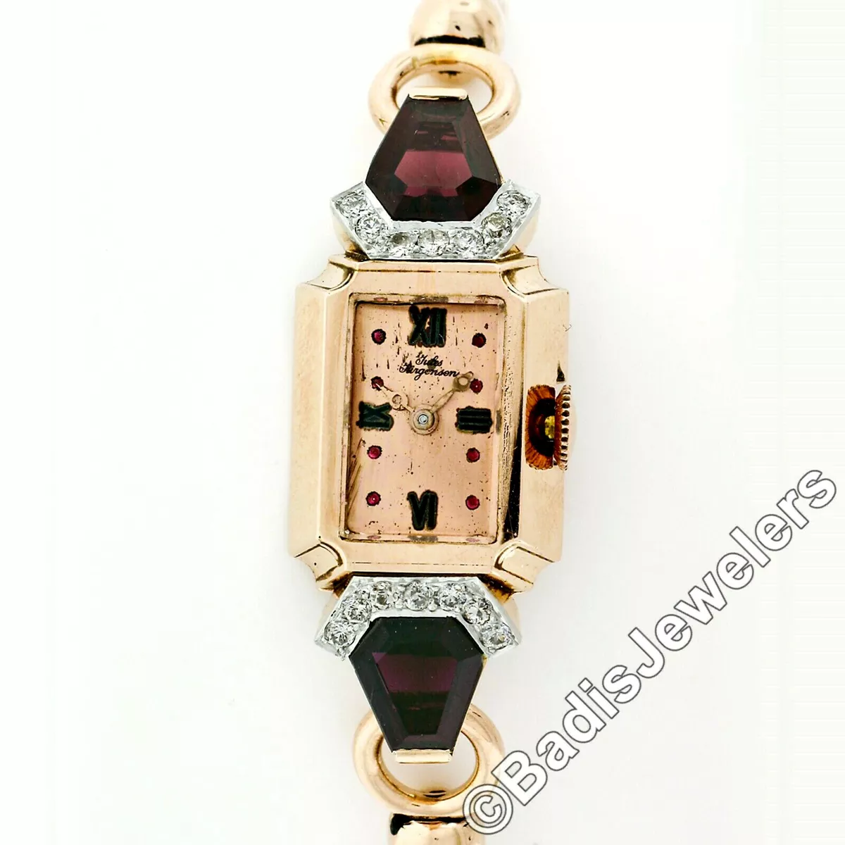 Vintage Retro Jules Jurgensen Rose Gold Platinum Garnet Diamond Wrist Watch