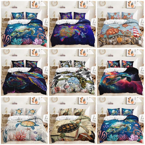 Sea Turtle Blooming Flowers Star Sign Marine Life Colorful Duvet Quilt Cover Set