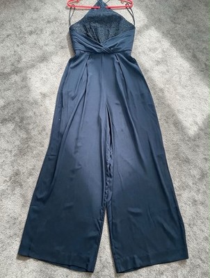 Zimmermann Navy Blue Silk Halter Neck LaceBodice Wide Leg Jumpsuit Size 1/ 10