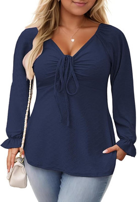 NWT Vislily Women s Plus Size 3X Navy Blue V Neck Ruffle Sleeve Tunic
