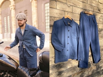 60s Style Washed Indigo Blue French Jacket Workwear Chore Herringbone Cotton