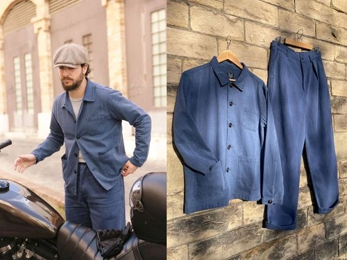 60s Style Washed Indigo Blue French Jacket Workwear Chore Herringbone Cotton