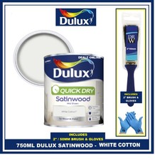 Image of Dulux Quick Dry White Cotton 750ML Satinwood Wood/Metal Paint FREE BRUSH &GLOVES