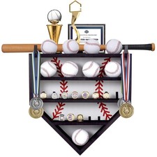 Baseball Display Case, Wood Display Rack for Bat, Trophy, and Medal, Wall Mou...