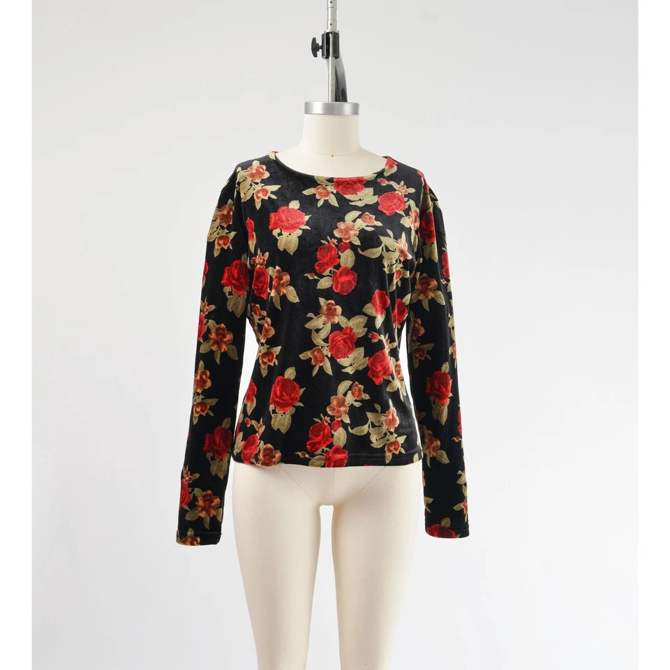 Blusa Grunge Romántica Tejida Ajustada Elástica Top Terciopelo Floral De Colección M L Foto 3 de 4