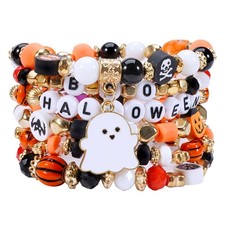Halloween Beaded Bracelets Spooky Pumpkin Spider Web Bat Ghost Charms Heishi Bra