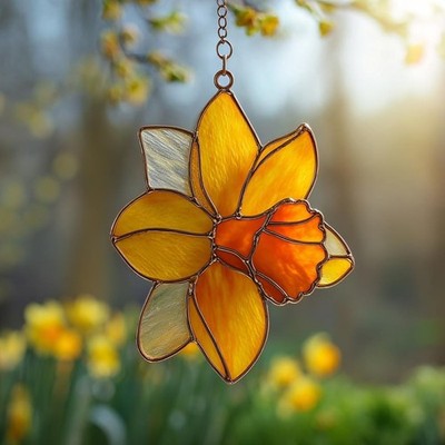 2D March Birth Daffodil Flower Stained Acrylic Suncatcher Decor