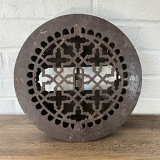 Antique Victorian 10 1/4” Round Cast Iron Floor Grate Heating Vent Register