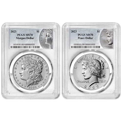 2023 $1 Morgan and Peace Silver Dollar 2pc Set PCGS MS70 Morgan & Peace