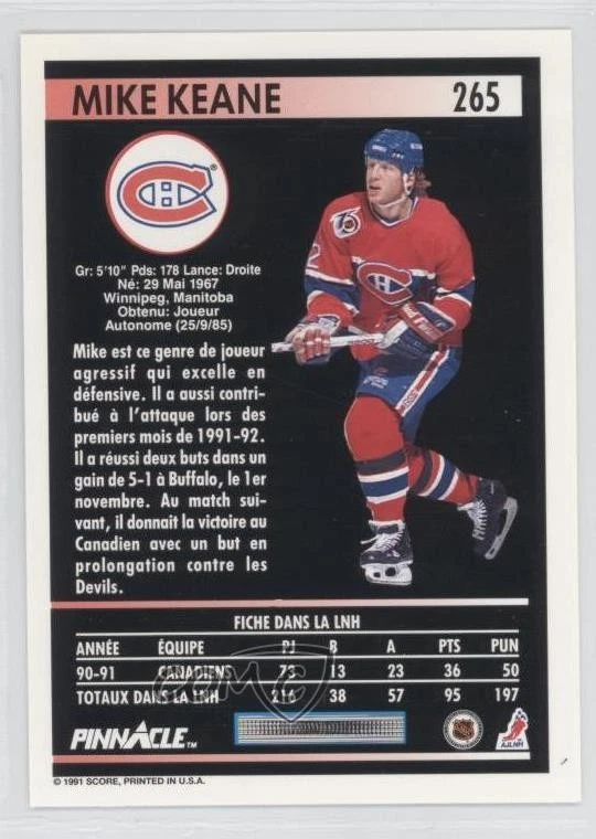 1991-92 Pinnacle French Mike Keane #265 - Image 2 of 2