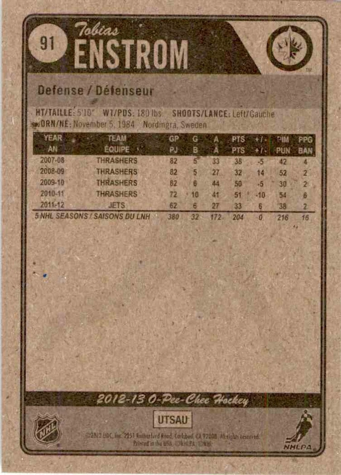 2012-13 O-Pee-Chee Tobias Enstrom #91 - Image 2 of 2