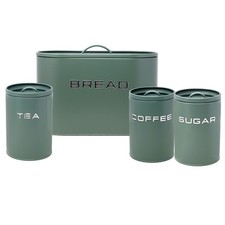 Bread Bin Tea Coffee Sugar Canister Airtight Kitchen Storage Tin Sage Green 4Pcs
