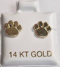 Dog Puppy Paw Print Stud Earrings 14K Solid Gold With Safety Backing