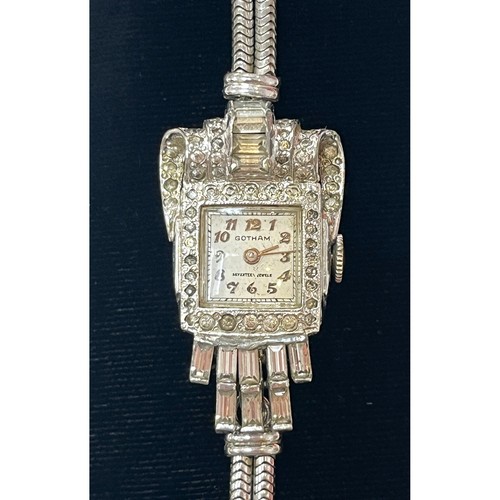 Vintage Art Deco 17 Jewels Gotham Art Deco Rhinestone Cocktail Watch Silver Tone