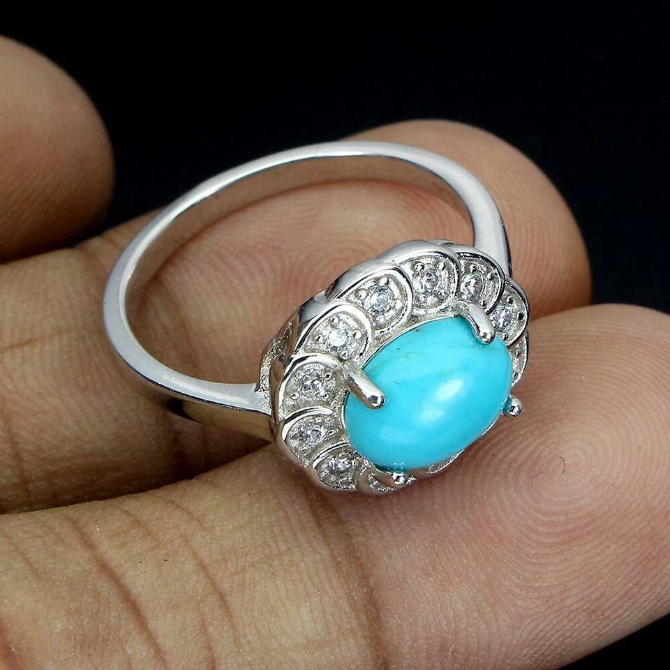 925 Sterling Silver Oval Blue Turquoise 9x7mm Simulated Cz Ring 6.5 - Image 3 of 4