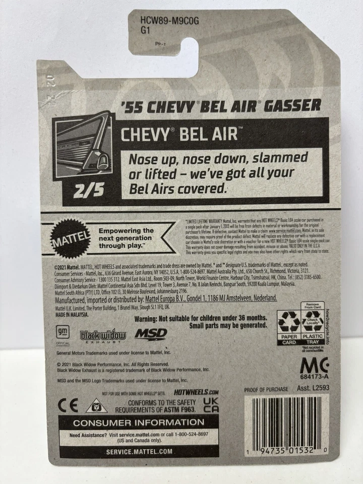 ERROR Hot Wheels Púrpura Triásico 5 '55 Chevy Bel Air Gasser Falta Calcomanías Laterales Foto 3 de 4