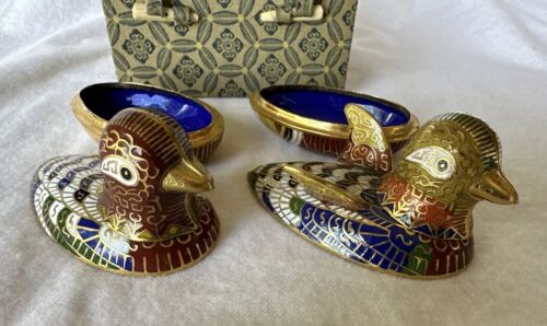 Coppia di scatole portagioie vintage Cloisonné ottone smaltato mandarino anatra uccellino con scatola - Foto 3 di 23
