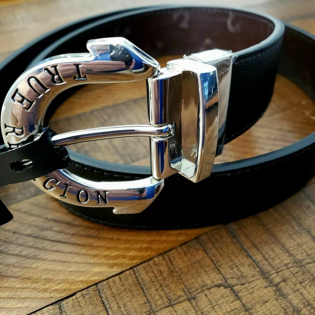 NWT True Religion ABLE HORSESHOE HARNESS BELT Buckle BLACK BROWN Reversible MENS