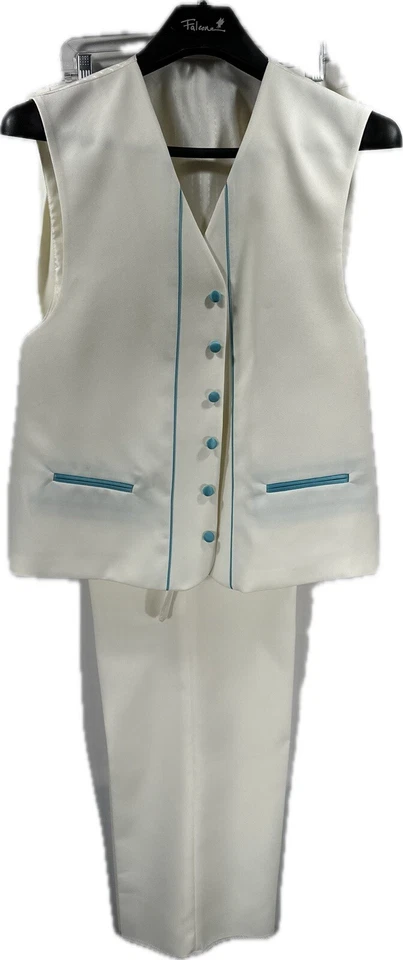 Traje Falcone Para Hombre 5 Piezas Marfil Turquesa Corbata Pañuelo Chaleco Pantalones Plisados Talla 52L Foto 3 de 4