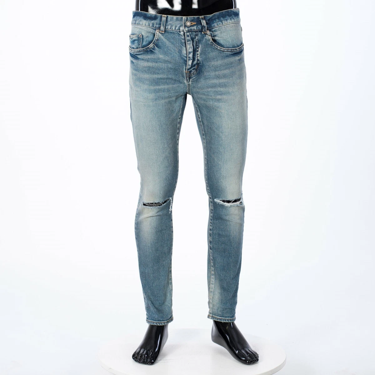 SAINT LAURENT 790 Mid Rise Skinny Jeans Distressed Blue Stretch Denim