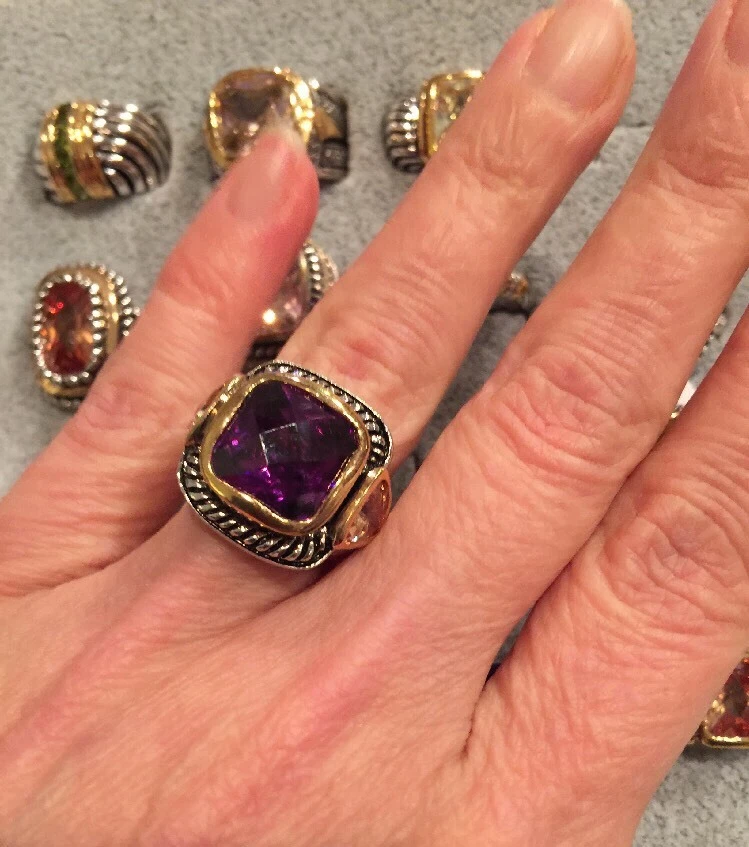 Nuevo "Diseñador Inspirado" Oscuro Morado Cz Anillo W. Cable Pata & 2 Tono Talla - Imagen 2 de 4