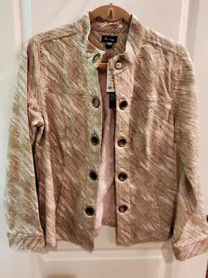 Analogy Tan & Sage Patterned Stretch Jacket with Antique Brass Grommets - Size L