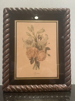 Antique Framed Lithograph Print Etched, Lys Blanc