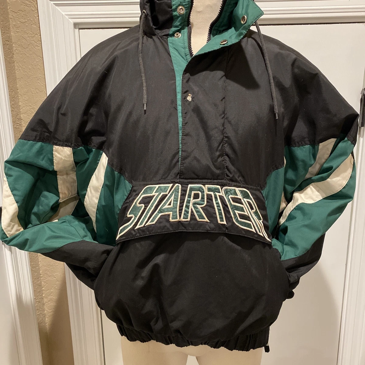 Vintage Starter Jacket XL Green/White/Black Nylon Puffer Style Hooded w/  Damage