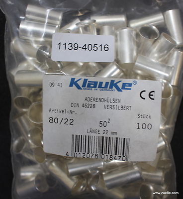 KLAUKE 100pcs Silver Plated Wire End Sleeves Item Number 80/22 Length 22mm 50mm2 