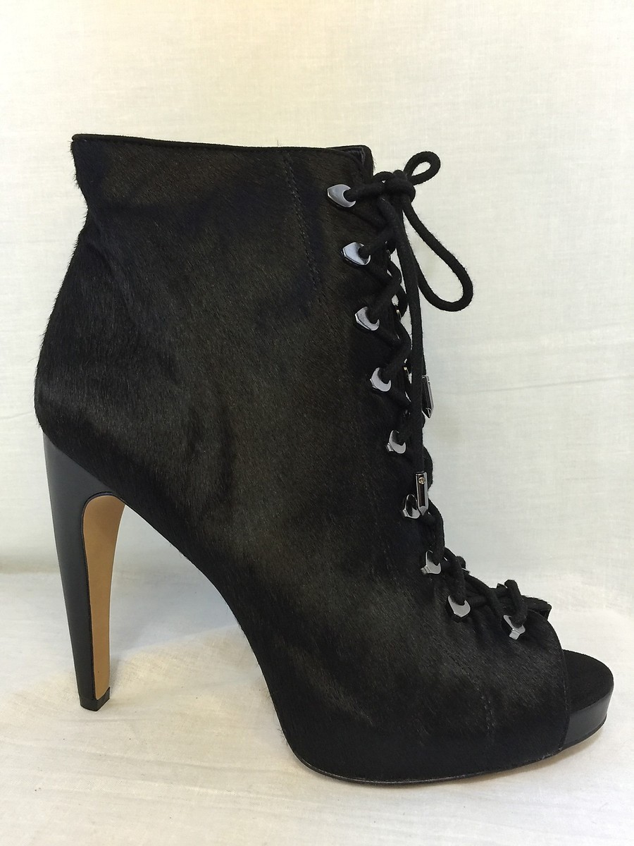 Sam Edelman Karmen black sheep shearling fur leather ankle peep open toe  boots