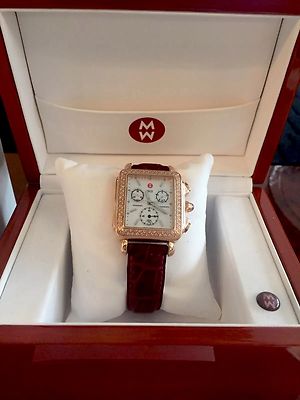 Michele diamond deco watch with genuine leather quilted band Buy New Michele Deco Noir Diamond Pave MWW06A000793  main image 2