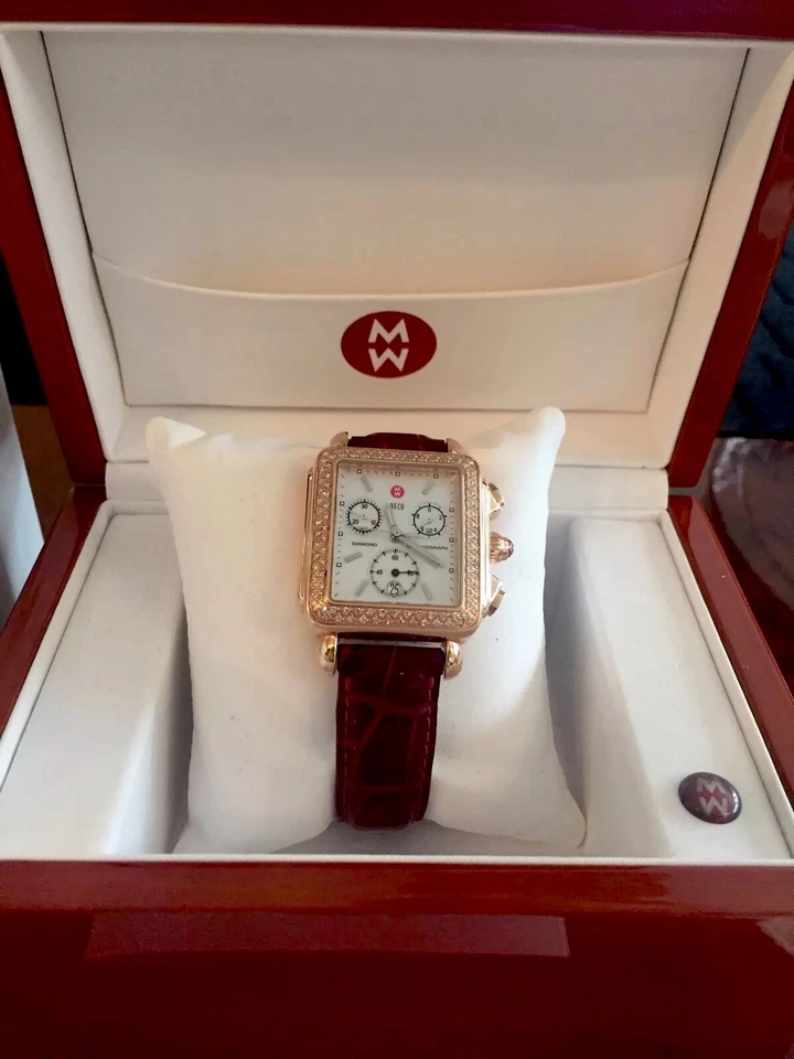 Michele Rose Gold Deco Diamond .60ct Alligator Leather Watch w/Mother Pearl Face - Image 3 of 4