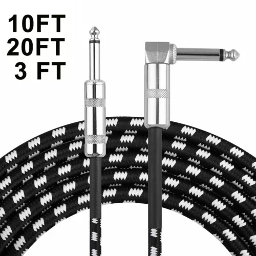 Guitar Cable Right Angle 20ft Tweed Cloth Woven Braided Cord 1/4 Instrument Wire