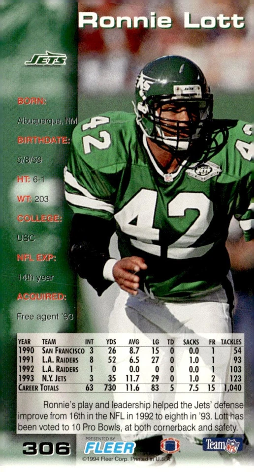 1994 GameDay #306 Ronnie Lott - Image 2 of 2