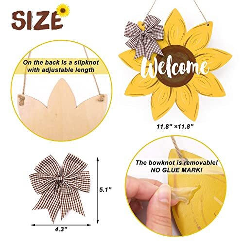 Sunflower Welcome Wood Door Hanger 12 Inch Large Wooden Flower Sign Inspirationa - Picture 4 of 6